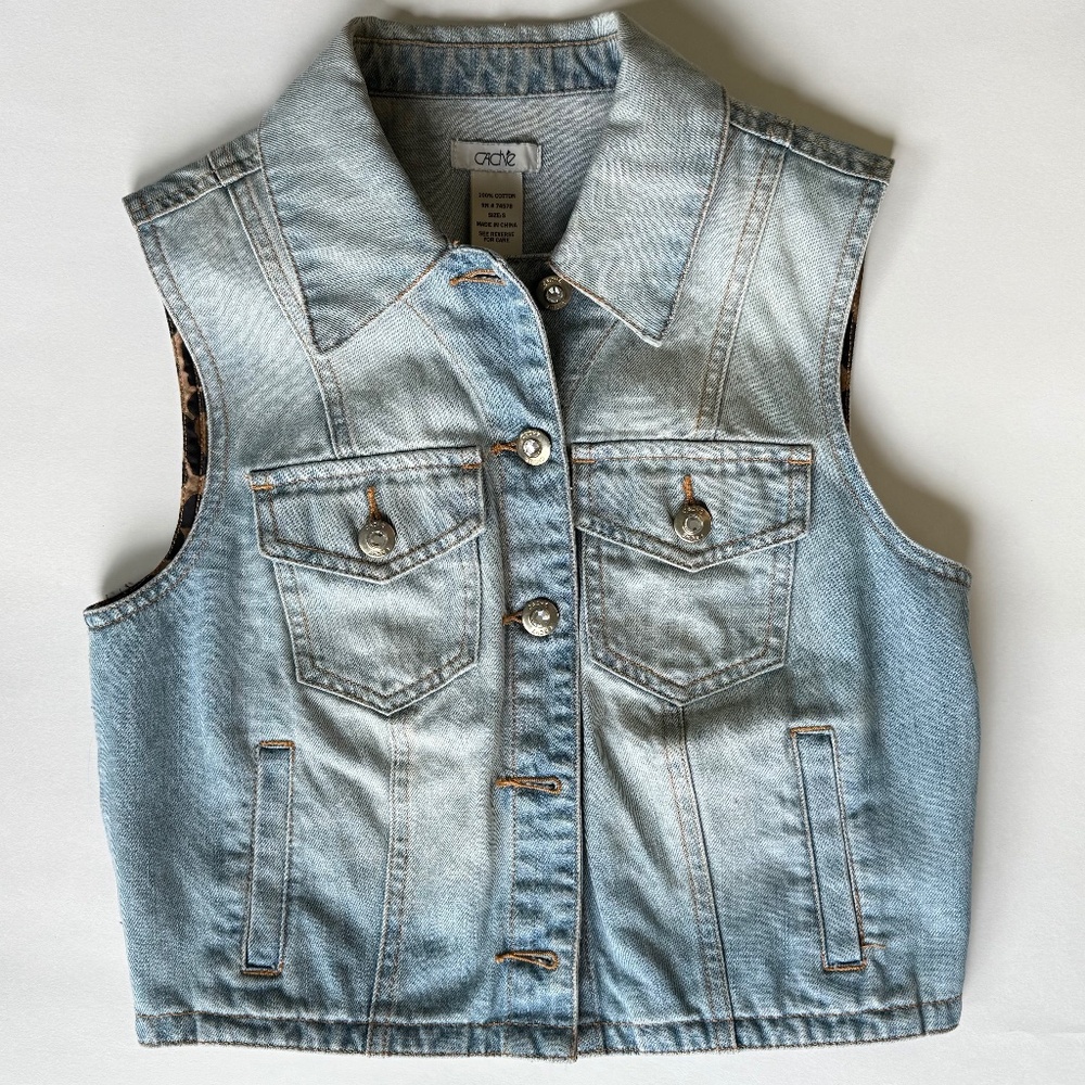 VINTAGE CACH'E Faded Blue Denim Jean Vest Leopard Trim Rhinestone Buttons (S)